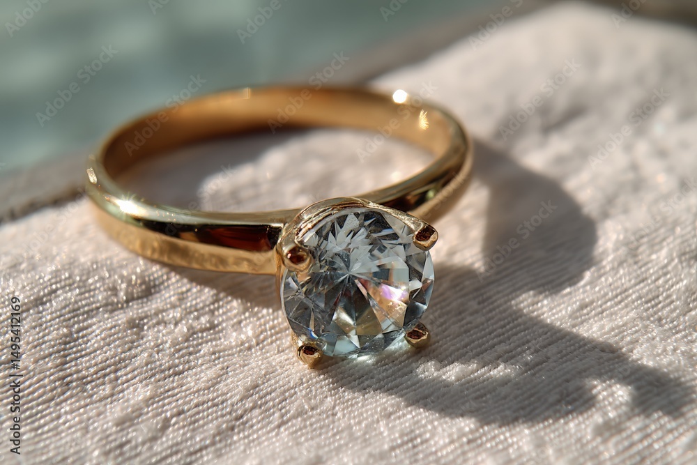Poster elegant gold ring featuring a large clear gemstone with bright reflections placed on a textured surf