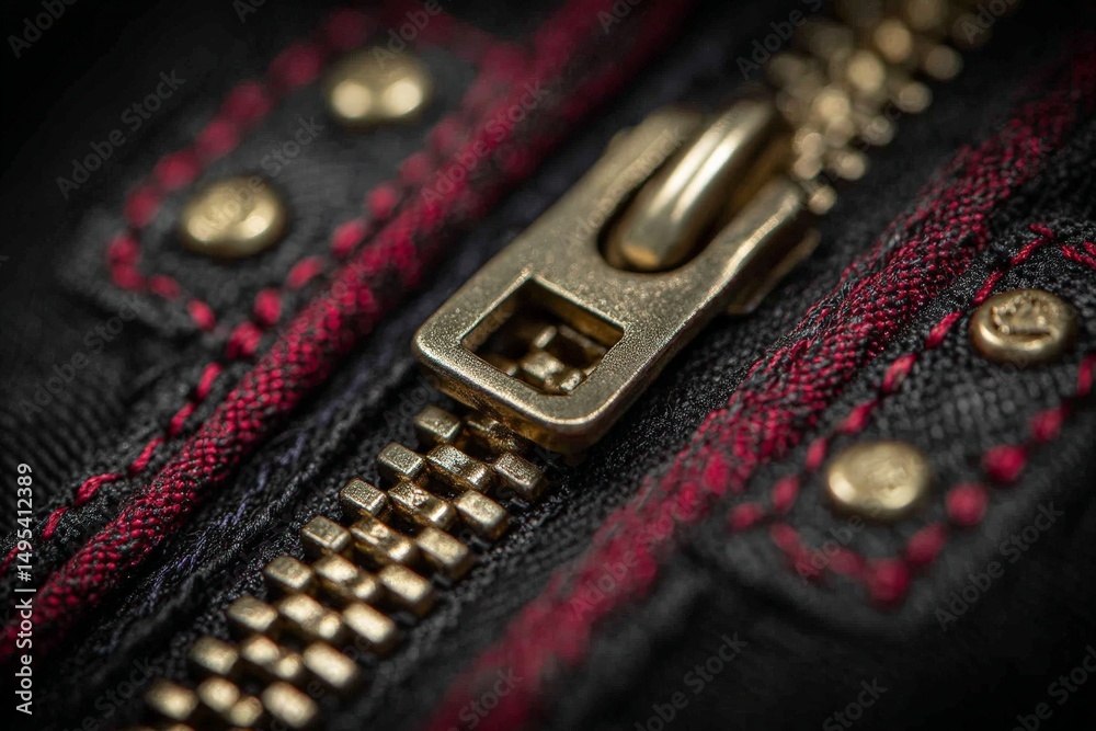 Poster close-up view of a brass zipper on a black fabric with red stitching, showcasing intricate details a