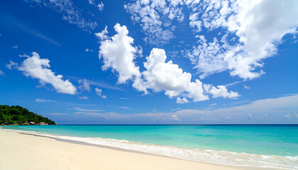 Fototapeta premium Stunning Tropical Beach Scene Azure Waters, White Sand, and Blue Sky