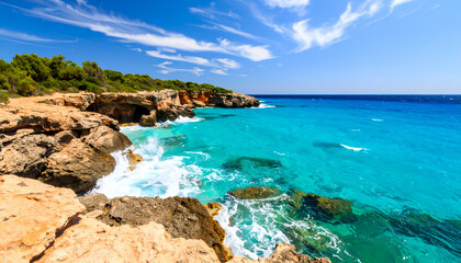 Fototapeta premium Stunning Turquoise Waters Crashing Against Rocky Coastline A Mediterranean Paradise