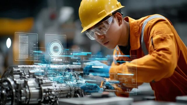 Engineer in Action: A skilled engineer, donned in safety gear, meticulously examines a complex machine, overlaid with digital schematics.