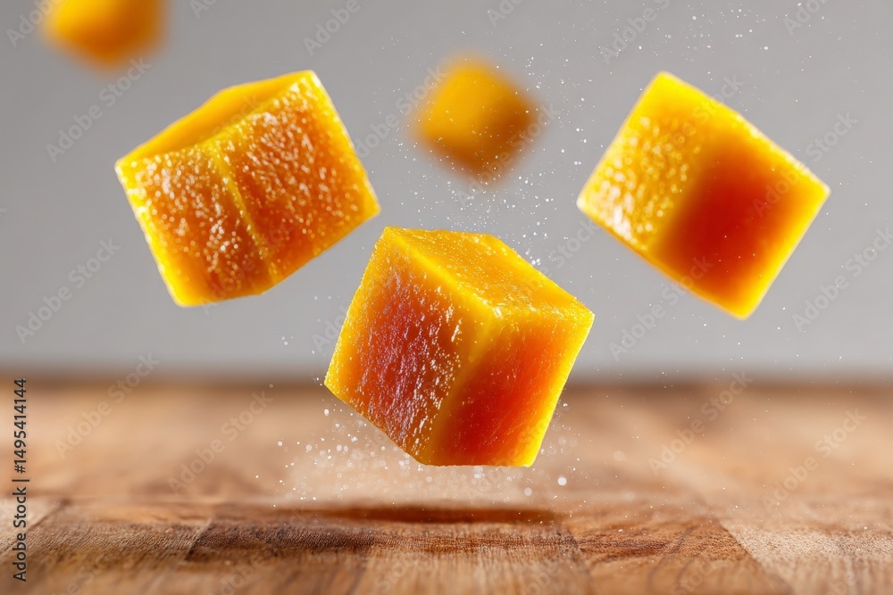 Aufkleber Floating mango cubes create an appealing visual display on a wooden surface in a contemporary kitchen setting
