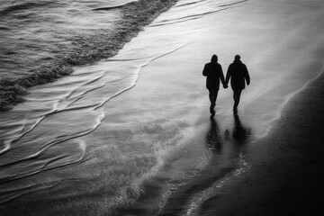 Two figures walk hand-in-hand on a beach