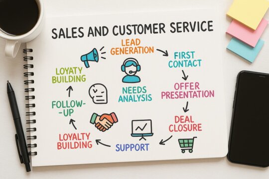 Notebook displaying sales and customer service flowchart with colorful steps and icons, coffee cup, and smartphone.