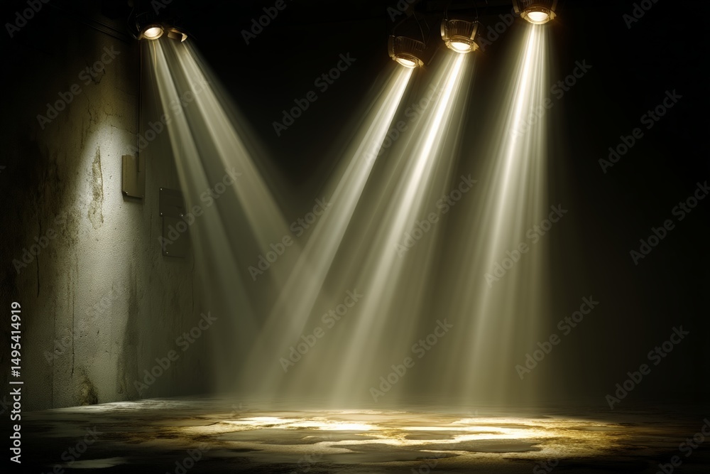 Aufkleber soft beams illuminate an abandoned warehouse corner in a dimly lit artistic setting