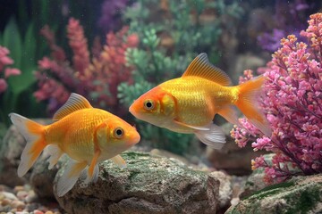 Fototapeta premium Colorful goldfish swimming among vibrant aquatic plants in a well-maintained aquarium