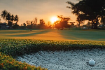 Beautiful sunset over a golf course with a sand trap and golf ball close to the hole