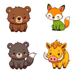Fototapeta premium Four cute cartoon animals including two bears, fox, and wild boar with happy expressions