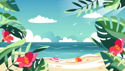 Summer background with coast, flowers and tropical trees foliage in vector, flat style.