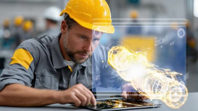 Engineer Examining 3D Model: A focused engineer wearing a yellow hardhat examines a detailed 3D model of a mechanical part displayed on a tablet, showcasing the future of manufacturing and innovation.
