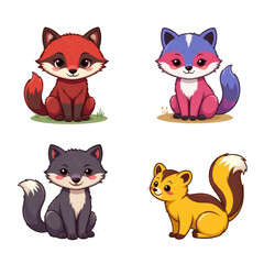 Fototapeta premium Cute colorful fox and wolf cartoon characters sitting happily on grass and ground with bright eyes and fluffy tails