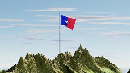 3D rendering of the Haiti national flag with blue and red horizontal bands and a centered coat of arms on a white panel, waving atop a snow-covered mountain peak, representing national strength and pr