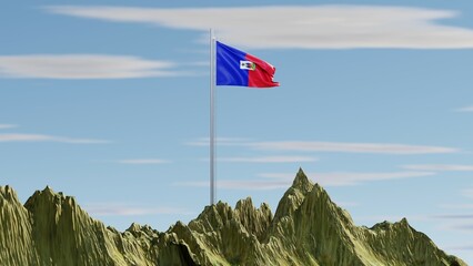 3D rendering of the Haiti national flag with blue and red horizontal bands and a centered coat of arms on a white panel, waving atop a snow-covered mountain peak, representing national strength and pr