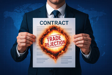 A businessman demonstrates strategic decision-making by rejecting a contract symbolizing leadership and risk management in a dynamic digital marketplace