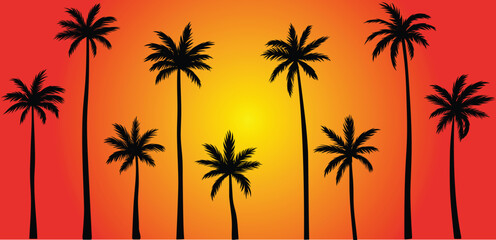 sunset palm tree set vector illustration silhouette