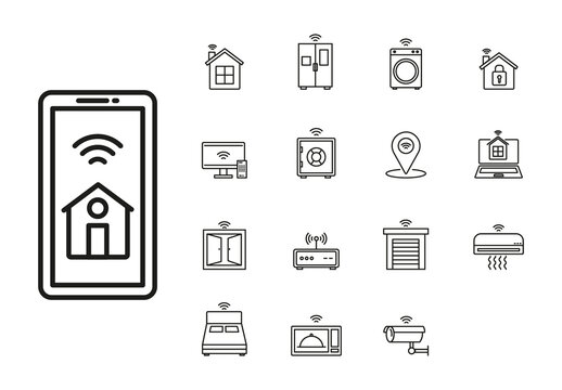 Black And White Smart Home Device Security Connectivity Icons Set