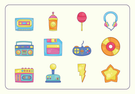 Yellow And Blue joystick music floppy pop culture Icons Set