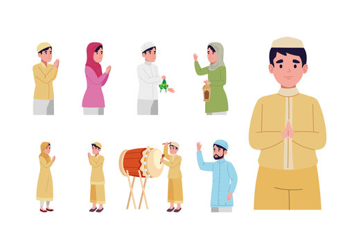 Yellow And Pink muslim lantern greeting family festive Illustrations Set