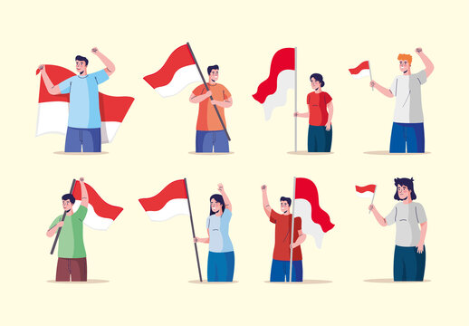 Red And White Indonesia Celebration Characters Holding Flag Illustrations Set