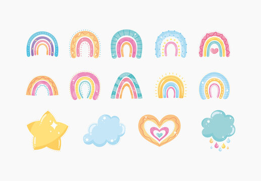 Pink And Yellow Rainbow Heart Star Cloud Cute Illustrations Set