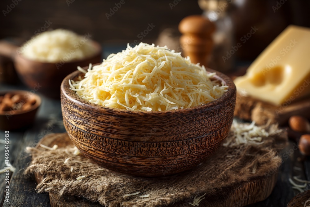 Poster cheese in a wooden bowl with grated texture placed on rustic wooden table near additional cheese and