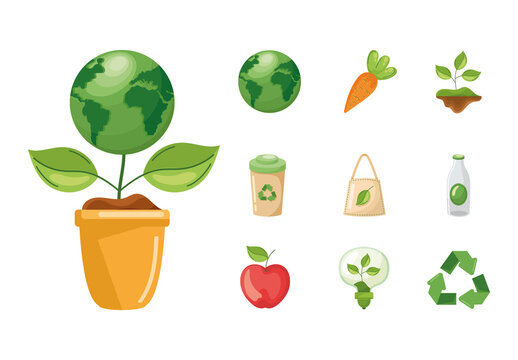 Green And Brown Ecological Sustainability Recycle Energy Icons Set