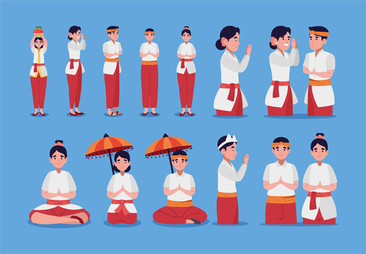 Red And White nyepi ceremony people bali religion celebration Illustrations Set