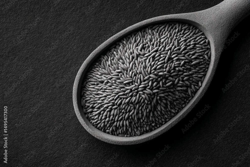 Poster Black seeds in a dark spoon on a textured background display unique details of an aromatic spice