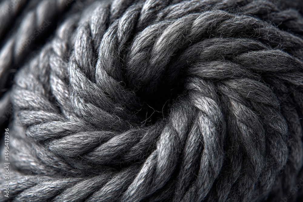 Poster Rope made of dark fibers coiled tightly with a smooth texture reflecting light in a close-up view