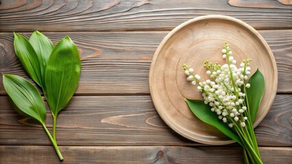 Fototapeta premium Serene Springtime Still Life Delicate Lily of the Valley Blooms and Lush Green Foliage Arranged on Rustic Wooden Surface
