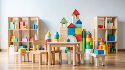 Brightly colored wooden blocks and child-sized furniture create a playful and stimulating learning environment
