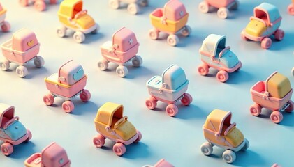 Pastel colored strollers in repeating geometric design, illustration, geometric, art