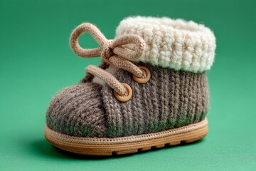 Cozy knitted baby bootie displayed on a bright green background with a textured design and soft yarn details