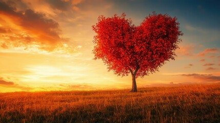 vibrant red heart-shaped tree in an autumn meadow, the sunset sky turning golden behind it, adding a dreamy touch to the landscape.