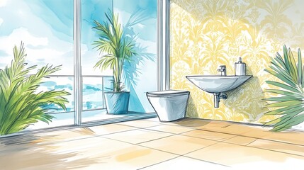 Stylish bathroom interior with tropical view.