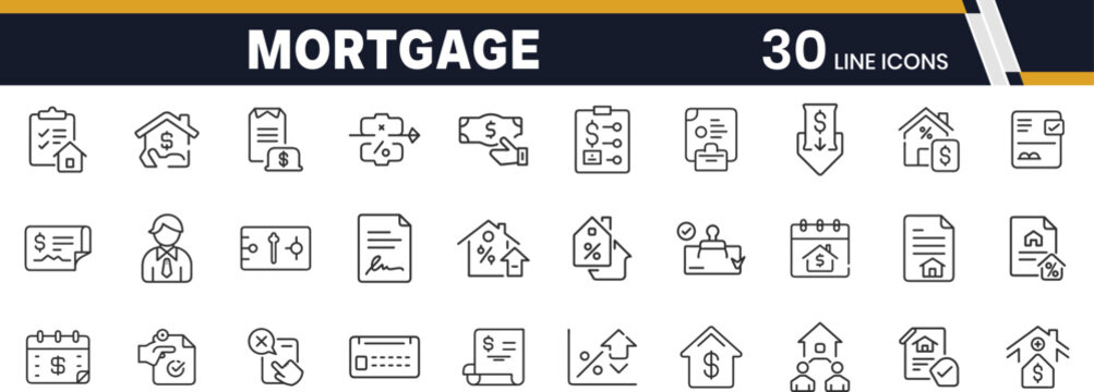 Mortgage and Home Loan Outline Icon Set Featuring Loan Application, Interest Rates, House Finance, Approval, Payment, Banking, Real Estate, Credit, Calculator, and Contract Symbols for Financial Use