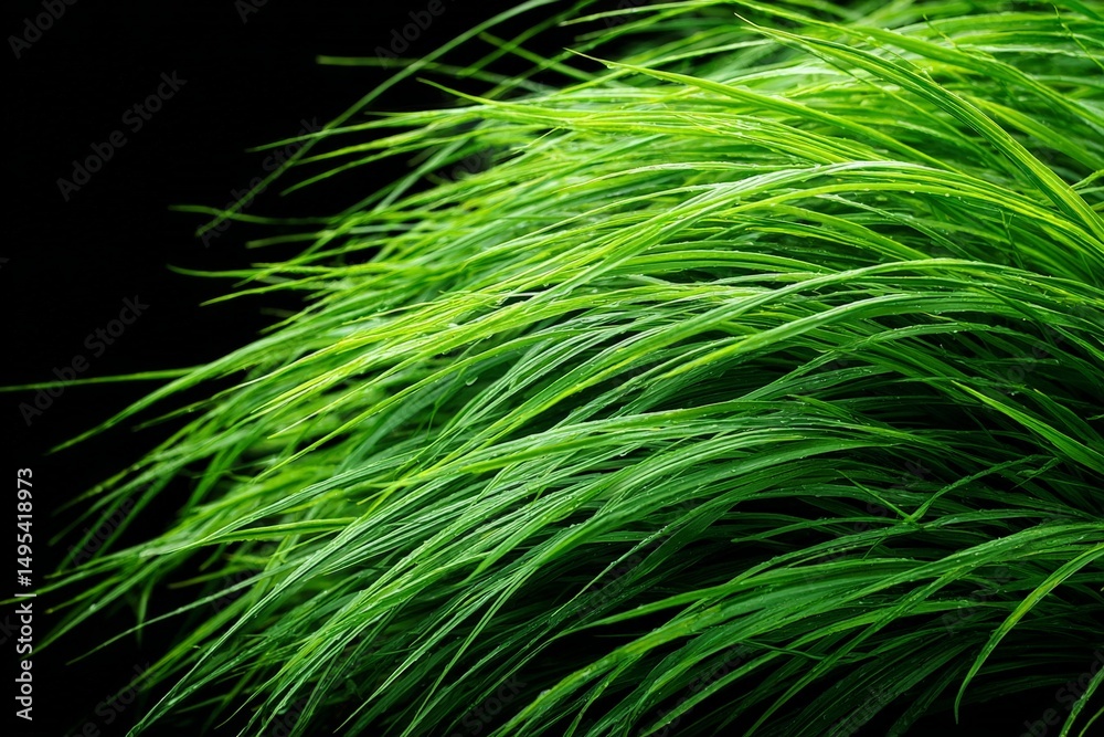 Poster vibrant green grass blades create a lush texture against a dark background in a close-up view