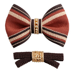 Knitted hair bow with striped pattern and gold chain ornament, elegant accessory for stylish look