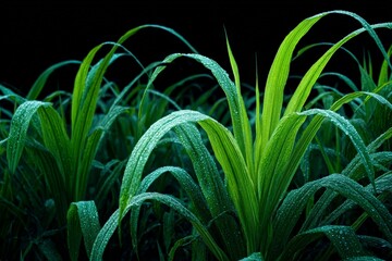 Detailed view of vibrant green grass with water droplets at night in a lush field
