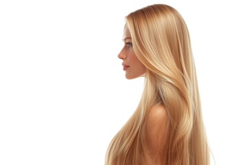 Side view of blonde woman with natural straight hair on white background.