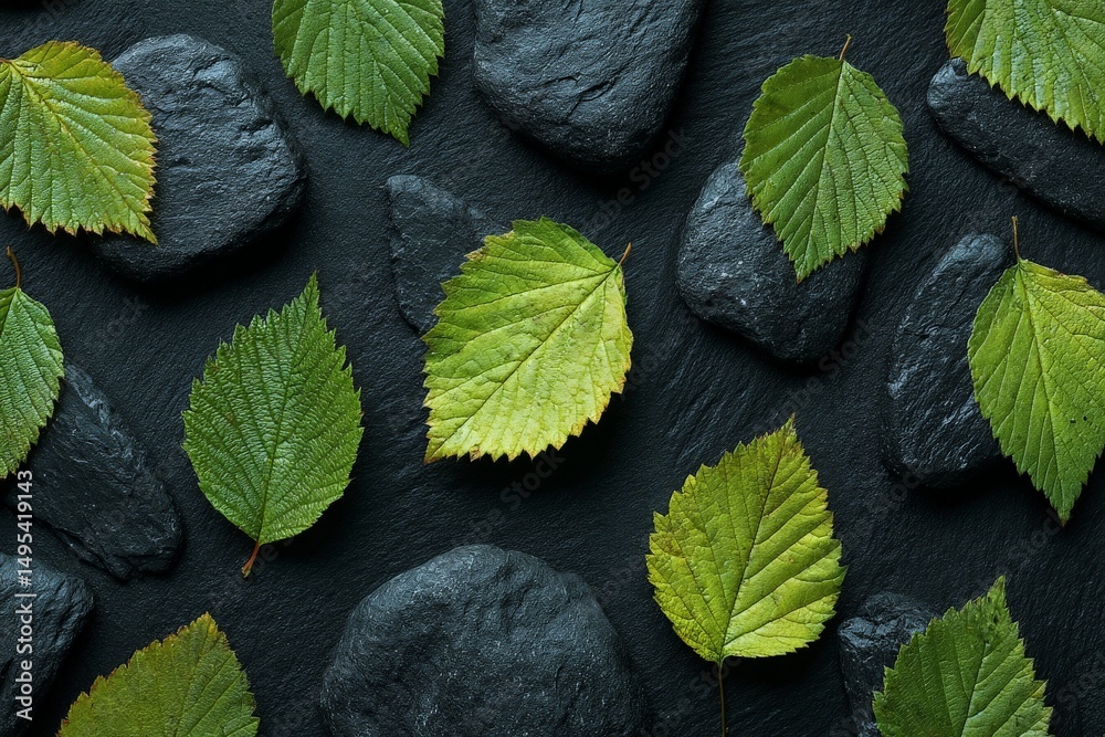Poster green leaves arranged on dark stones create a serene and natural display in a calm setting