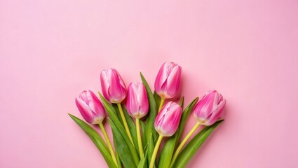 Fototapeta premium Pink tulips with green leaves on a pink background, creating a floral bouquet