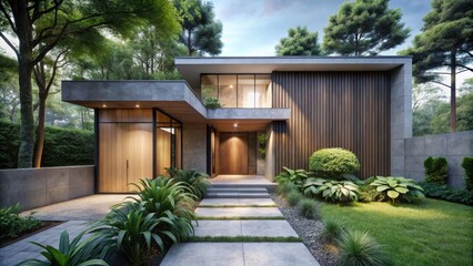 Modern Architectural Design Luxurious Residence nestled within a Serene Wooded Landscape, featuring a sophisticated exterior with natural wood and stone elements.