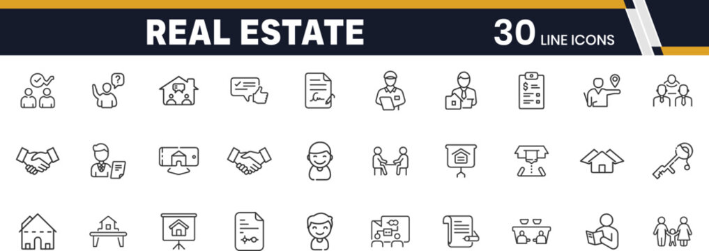 Real Estate Agent and Client Meeting Outline Icons Set Featuring Property Consultation, Contract Signing, Home Tours, and Negotiation Symbols