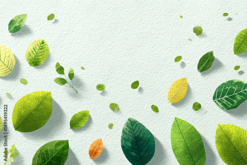 Poster Leaves of various shapes and colors arranged on a textured background create a vibrant natural display for art or decoration