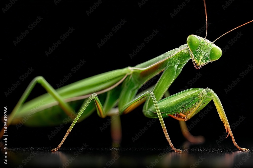 Poster Mantis perched on a surface showcasing its vibrant green color and striking features in a close-up view