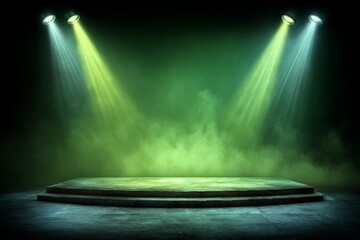 Bright theater stage with dramatic lighting and fog in a darkened environment