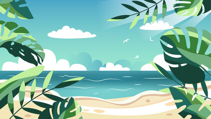 Summer background with coast and tropical tree foliage in vector, flat style.