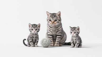 Obraz premium Mother cat and kittens playing with yarn, studio shot
