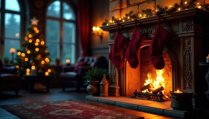 Ornate fireplace with glowing embers and stockings , stockings, fireside, warmth